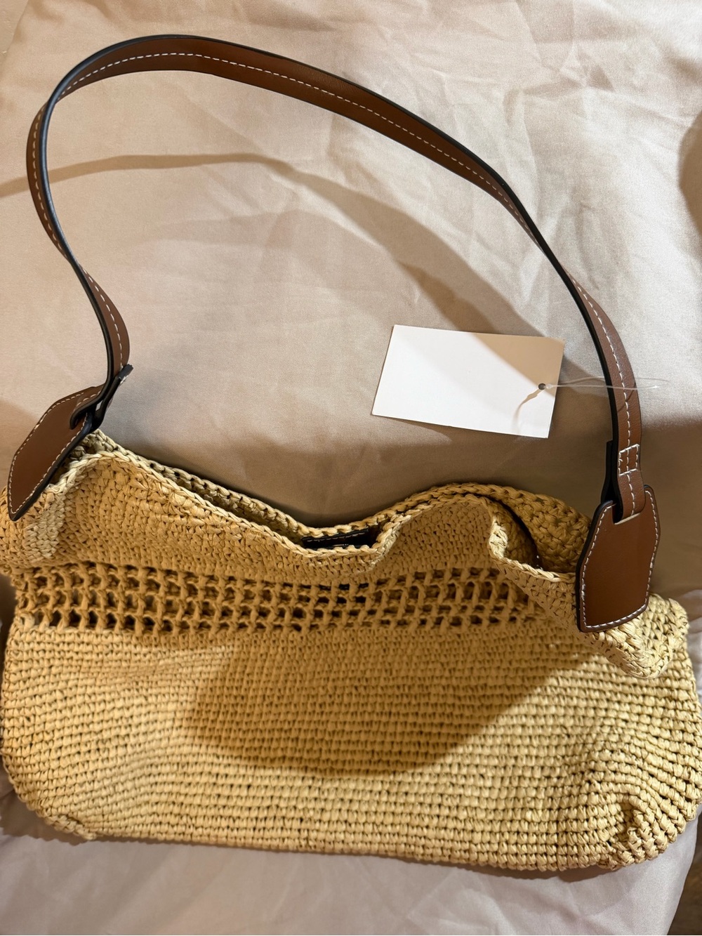 Woven Straw Shoulder Bag with Brown Leather Strap
